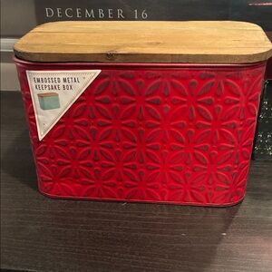 Embossed Red Metal Keepsake Box with Wood Lid
